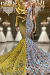 Amazing V-Neck One Shoulder Long Sleeve Long Mermaid Semi Formal Prom Dresses